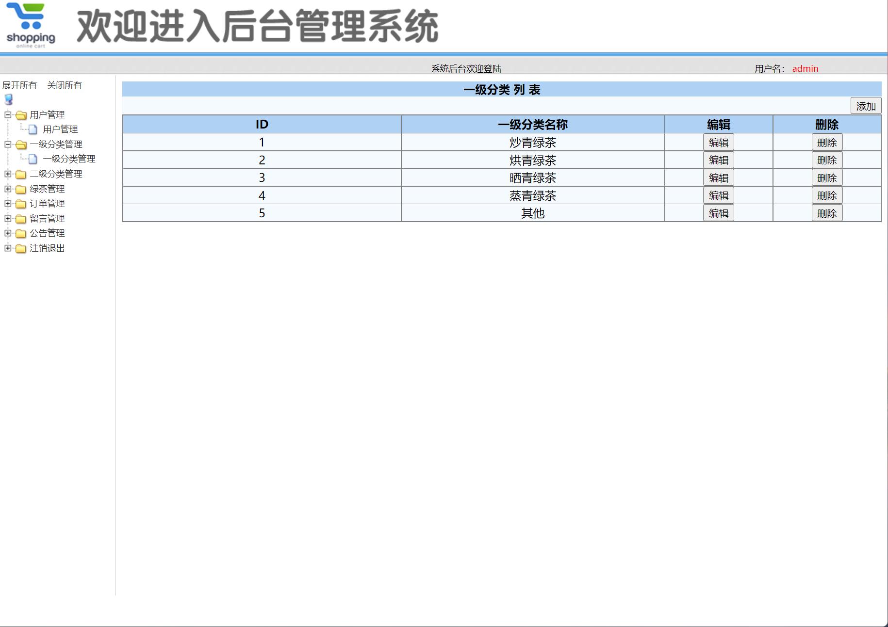 基于SSM框架的绿茶在线销售商城系统 - 一级分类管理.jpg界面截图
