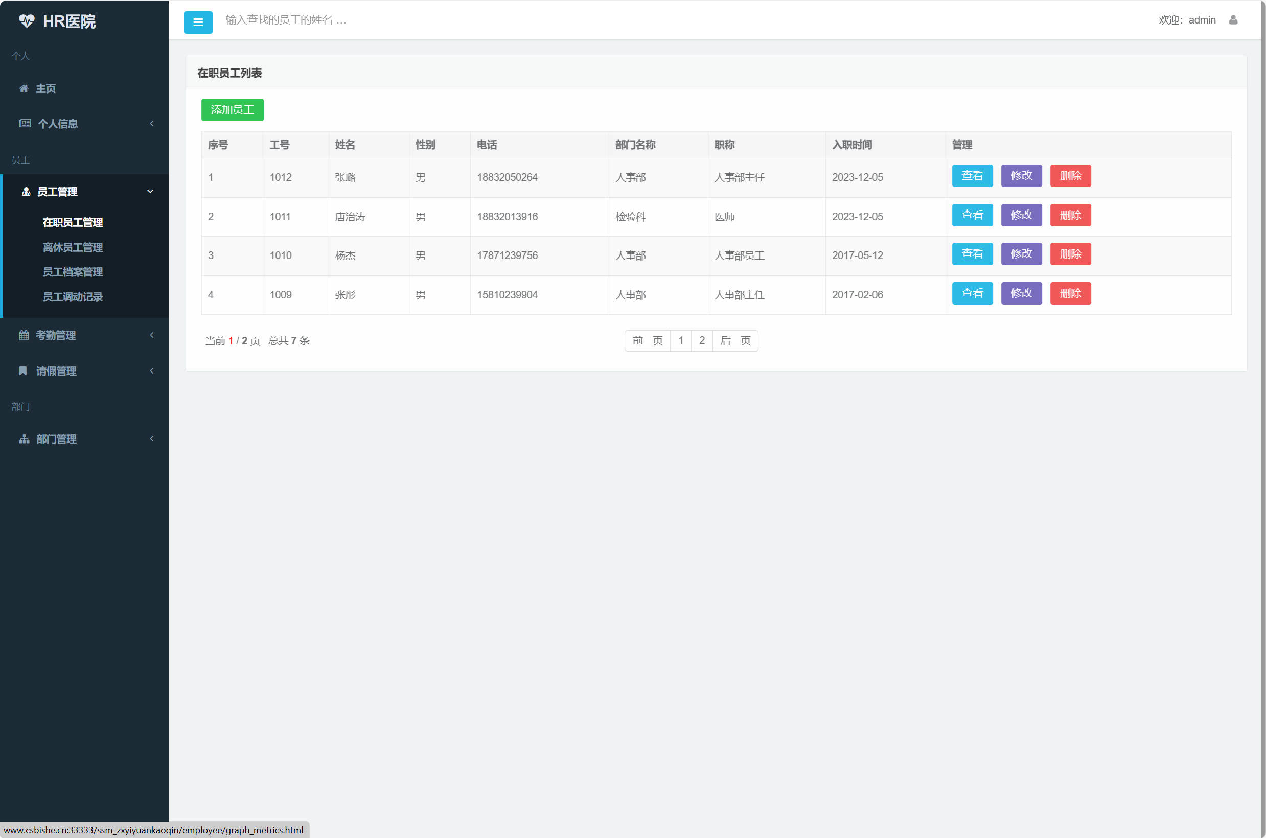 基于SSM框架的医院人事考勤管理系统 - 在职员工管理.jpg界面截图