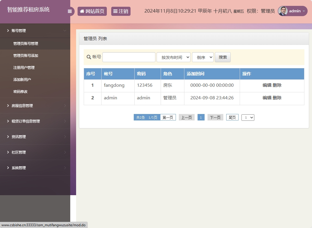基于SSM的房屋租赁信息发布与管理平台 - 管理员账号管理.png界面截图