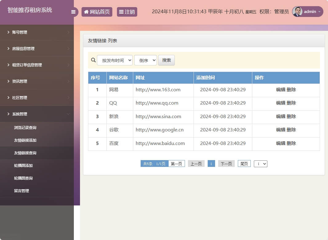 基于SSM的房屋租赁信息发布与管理平台 - 友情链接管理.png界面截图