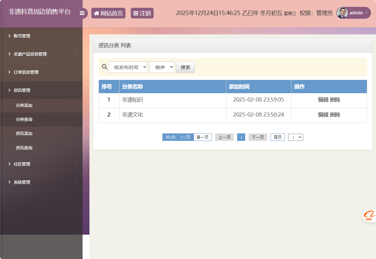 基于SSM框架的非物质文化遗产展示与商城管理系统 - 资讯分类管理.png界面截图