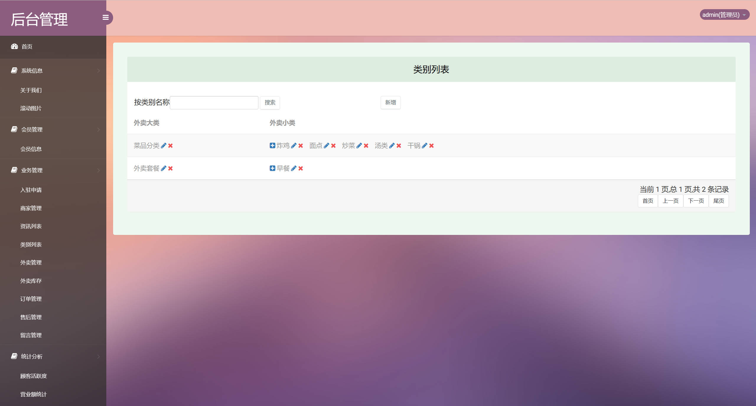 基于SSM框架的多商户在线点餐平台 - 类别列表管理.jpg界面截图