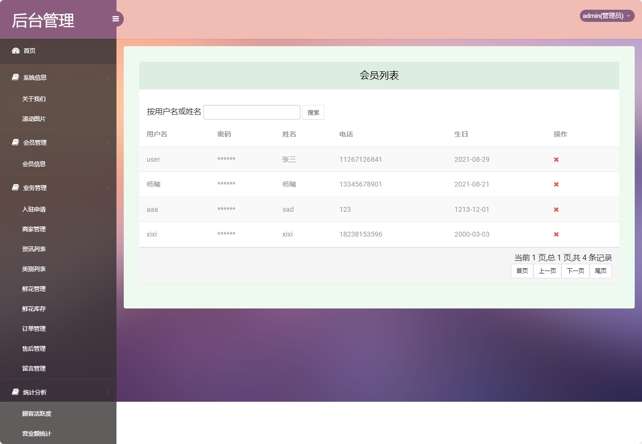 基于SSM框架的多商家鲜花在线销售平台 - 会员管理.png界面截图