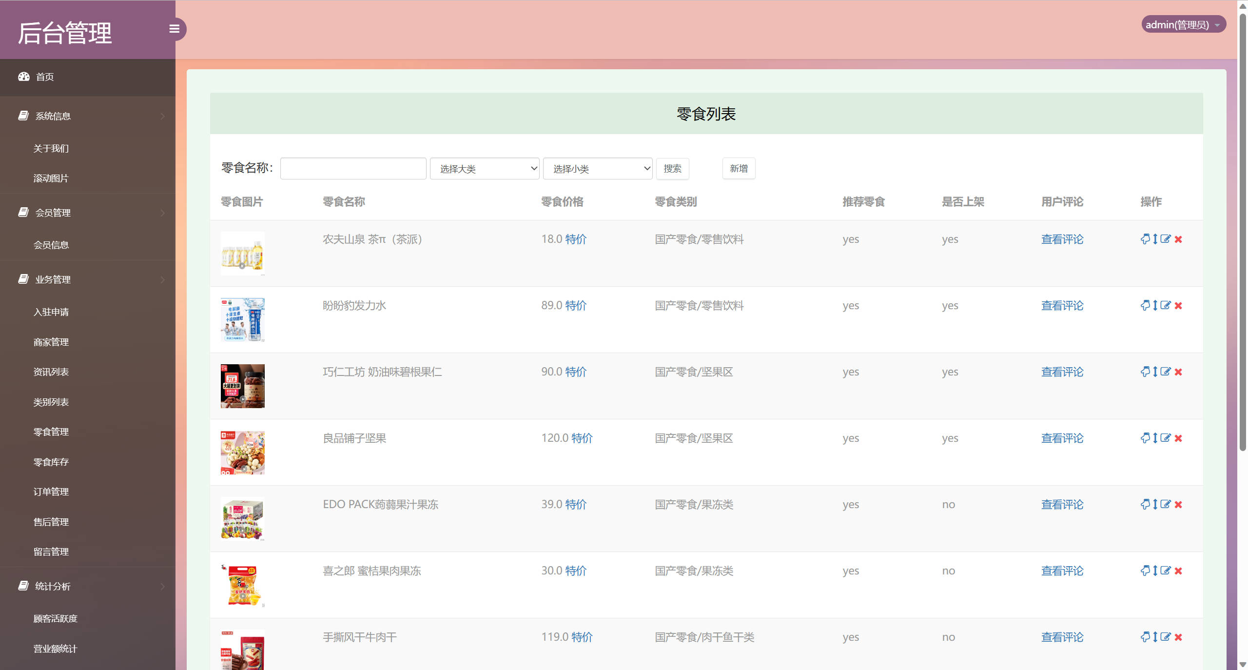 基于SSM框架的多商户在线零食商城系统 - 零食信息管理.jpg界面截图