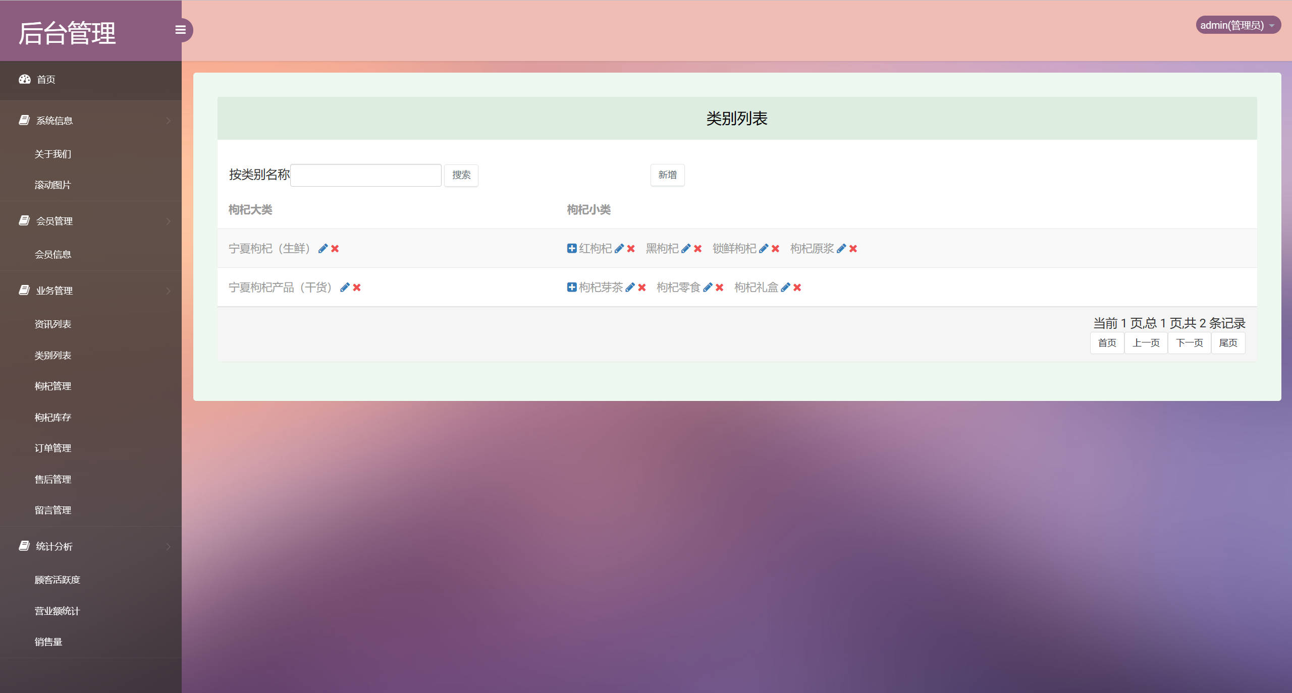 基于SSM框架的宁夏枸杞在线销售系统 - 类别列表信息管理.jpg界面截图