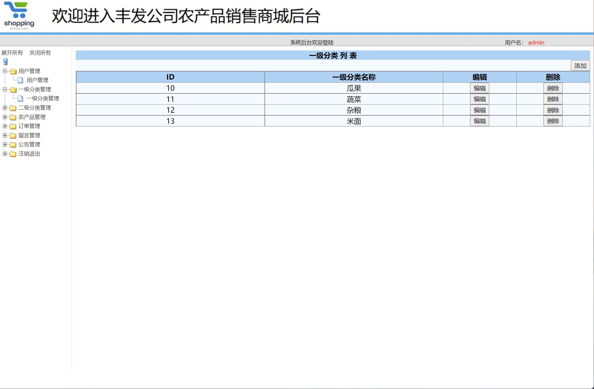 基于SSM框架的在线农产品销售平台 - 一级分类管理.jpg界面截图