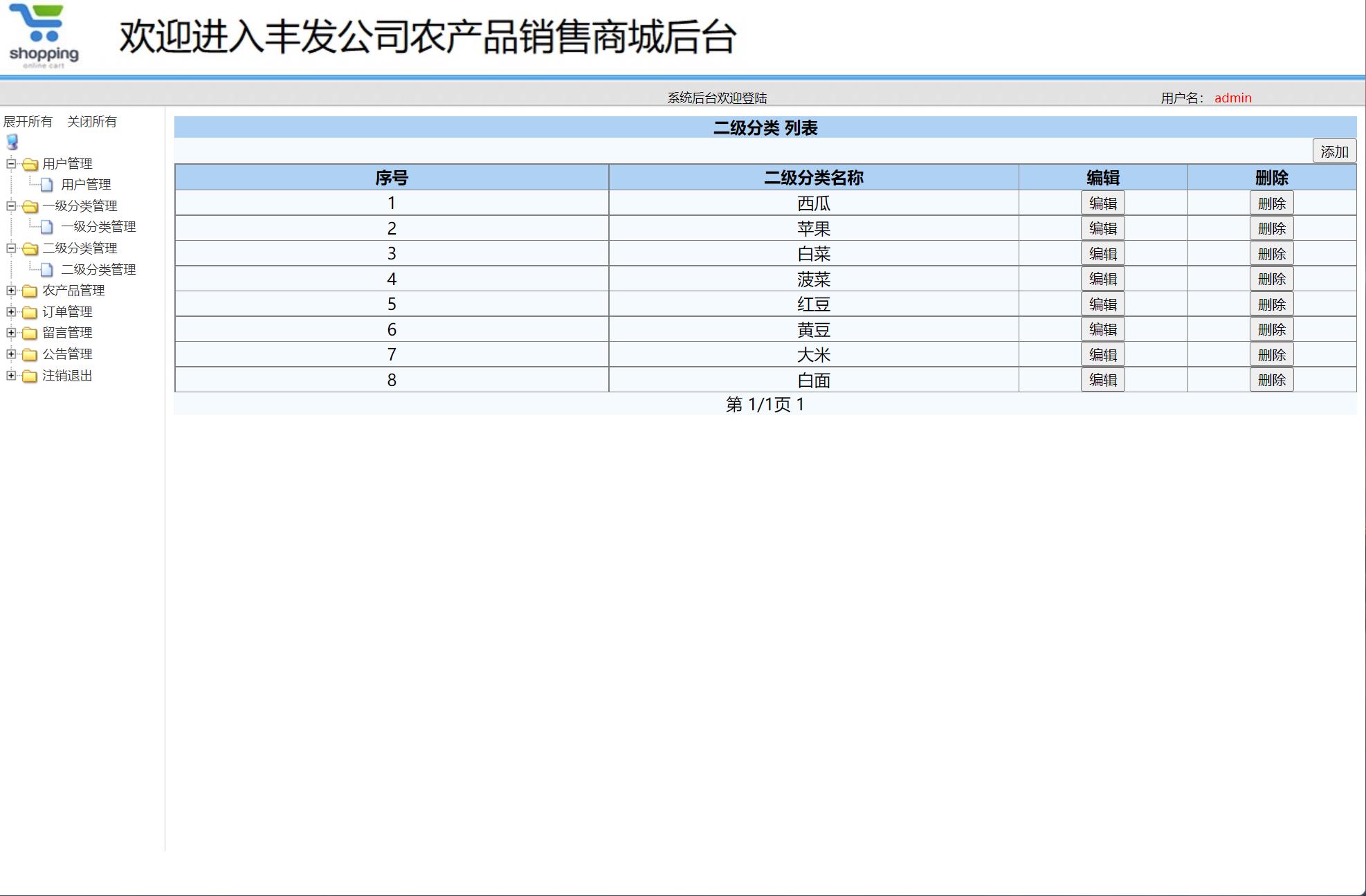 基于SSM框架的在线农产品销售平台 - 二级分类管理.jpg界面截图