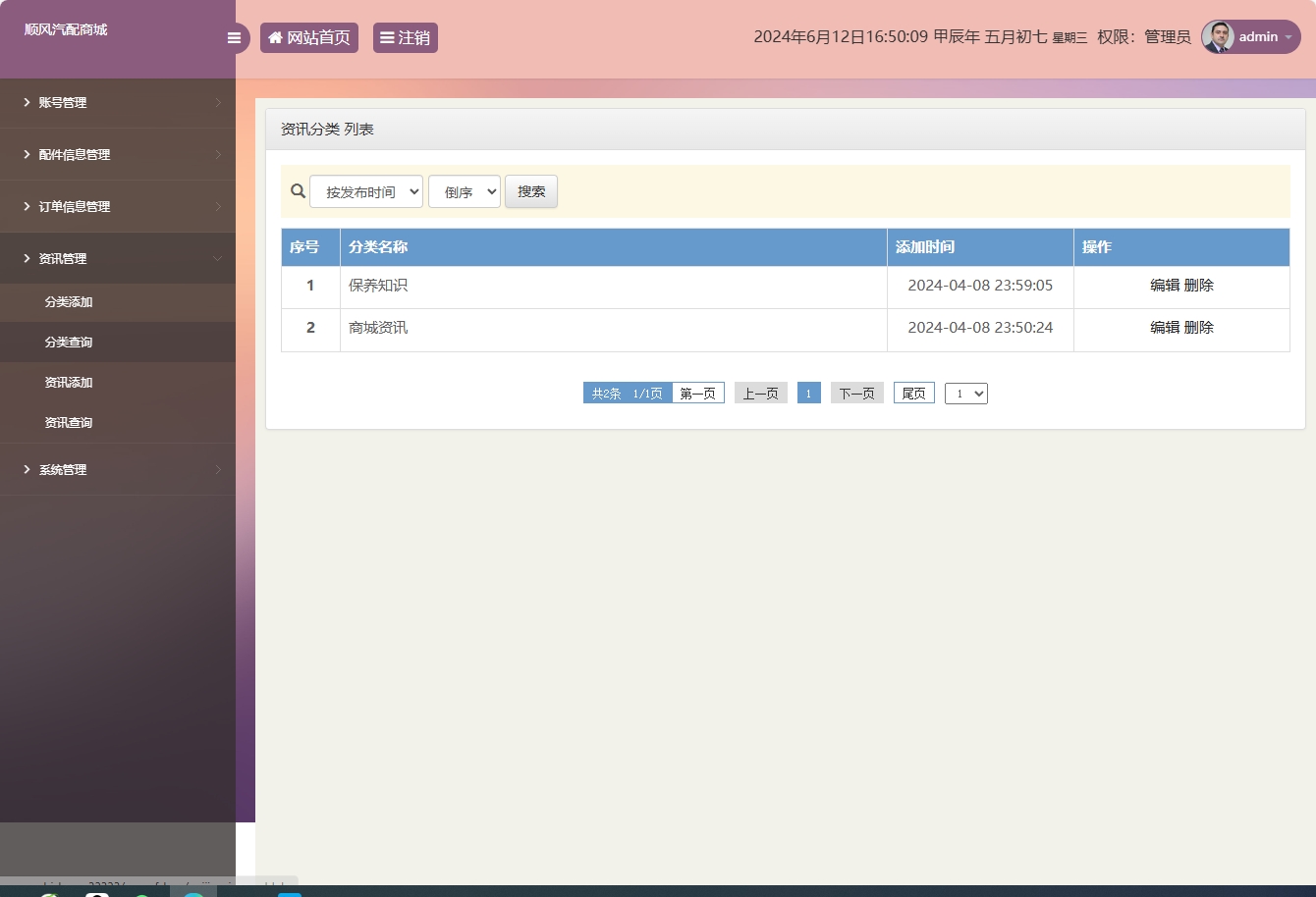 基于SSM框架的在线汽车配件销售平台 - 资讯分类管理.png界面截图