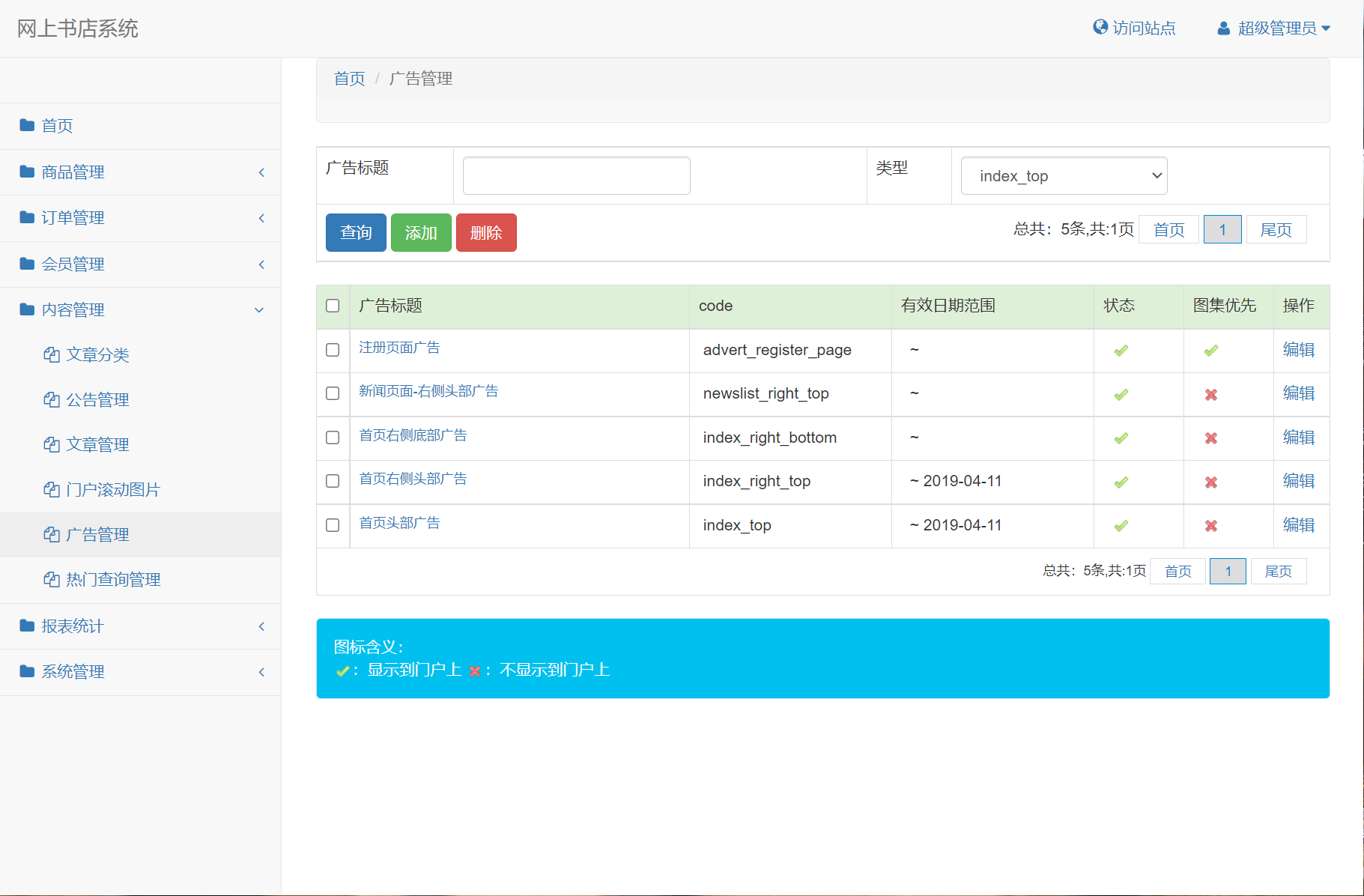 基于SSM框架的在线图书商城系统 - 广告管理.png界面截图