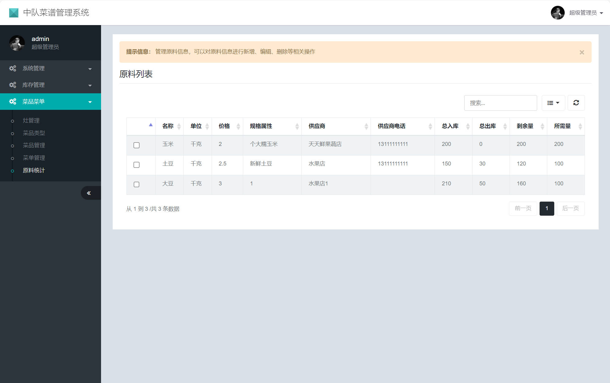 基于SSM框架的在线食堂菜谱管理系统 - 原料统计.jpg界面截图