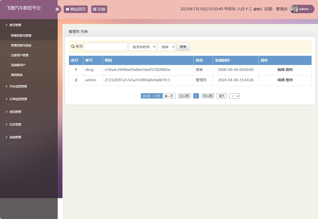 基于SSM框架的在线汽车租赁管理系统 - 管理员账号管理.png界面截图