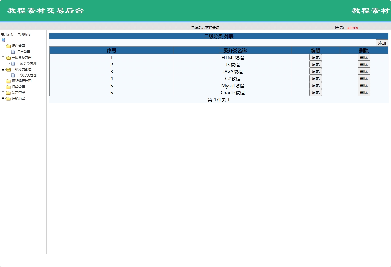基于SSM框架的在线网课素材销售平台 - 二级分类管理.png界面截图