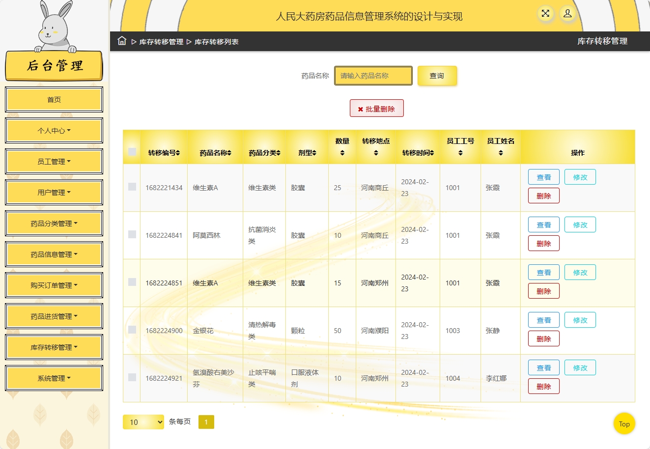 基于SSM框架的在线药品进销存管理平台 - 库存转移管理.png界面截图