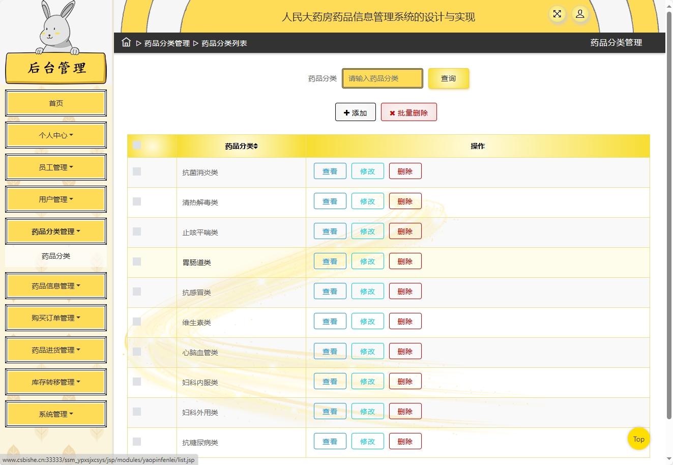 基于SSM框架的在线药品进销存管理平台 - 药品分类管理.png界面截图