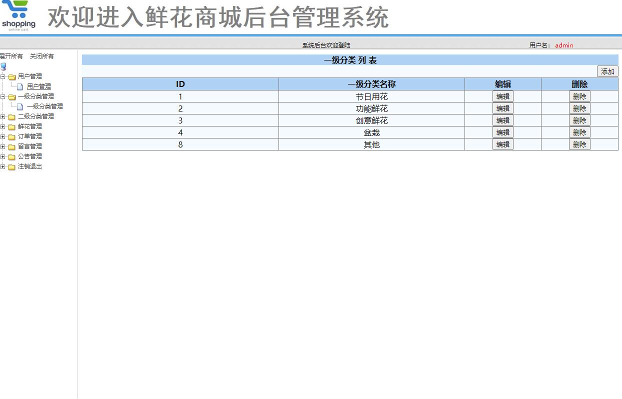基于SSM框架的在线鲜花商城系统 - 鲜花类别管理.jpg界面截图