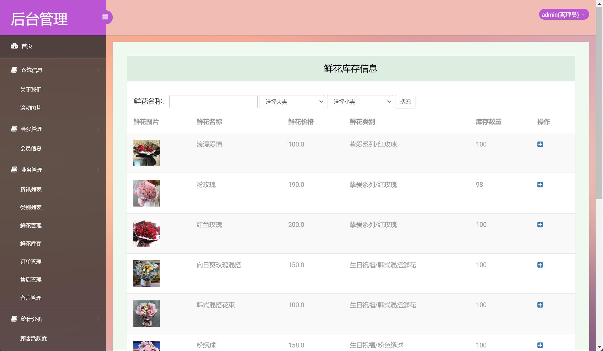 基于SSM框架的在线鲜花销售平台 - 库存管理.jpg界面截图