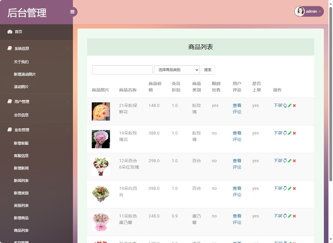 基于SSM框架的在线鲜花销售平台 - 商品信息管理.png界面截图
