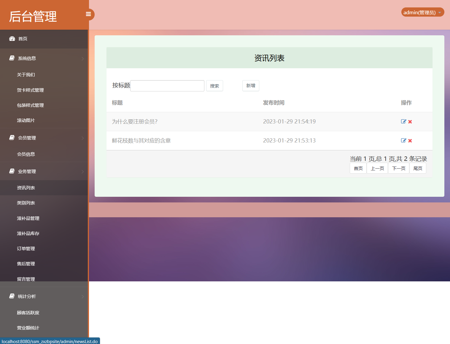 基于SSM框架的在线滋补品零售商城系统 - 资讯列表管理.png界面截图