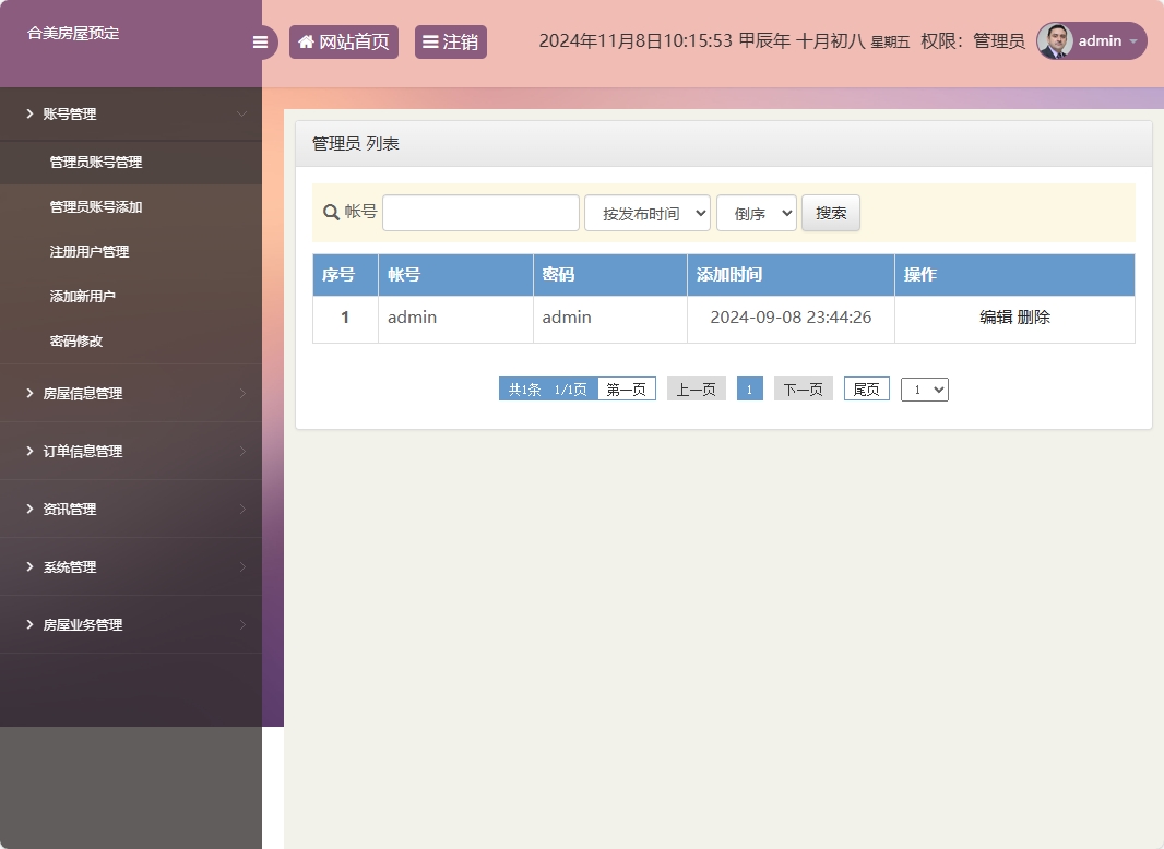 基于SSM框架的在线房屋租赁管理系统 - 管理员账号管理.png界面截图