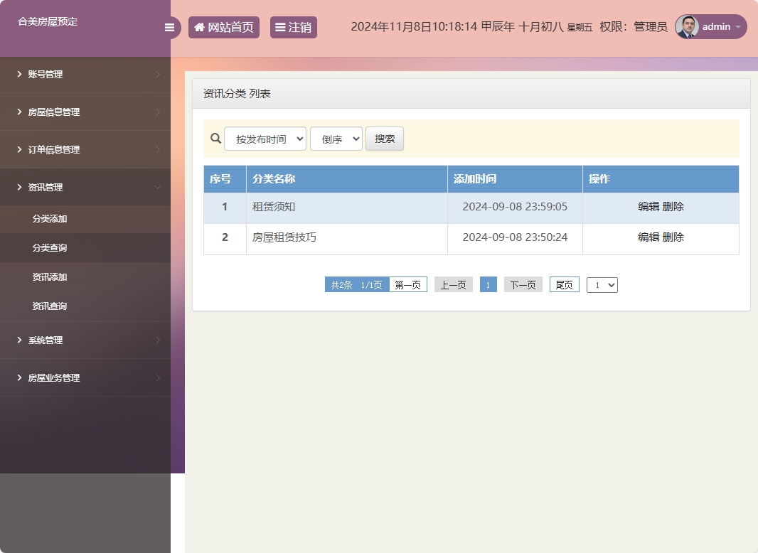 基于SSM框架的在线房屋租赁管理系统 - 资讯分类管理.png界面截图