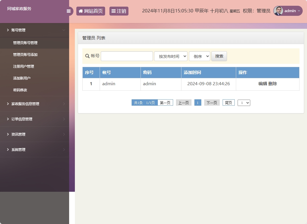 基于SSM框架的在线家政预约管理系统 - 管理员账号管理.png界面截图