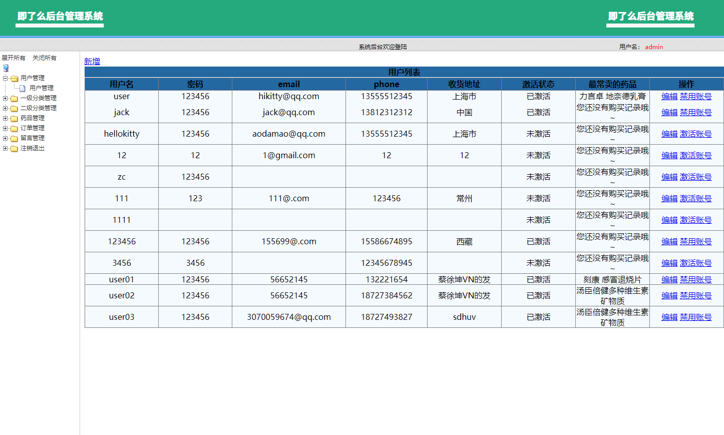 基于SSM框架的在线药品销售商城系统 - 用户管理.png界面截图