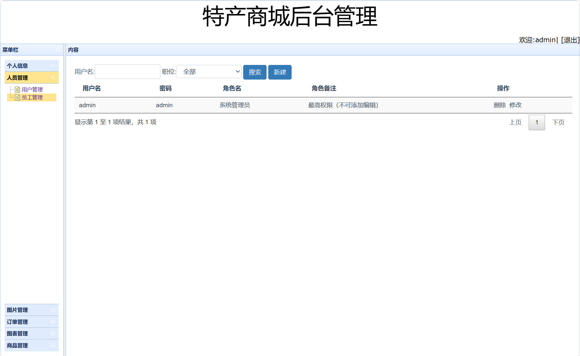 基于SSM框架的在线特产美食商城系统 - 员工信息管理.jpg界面截图