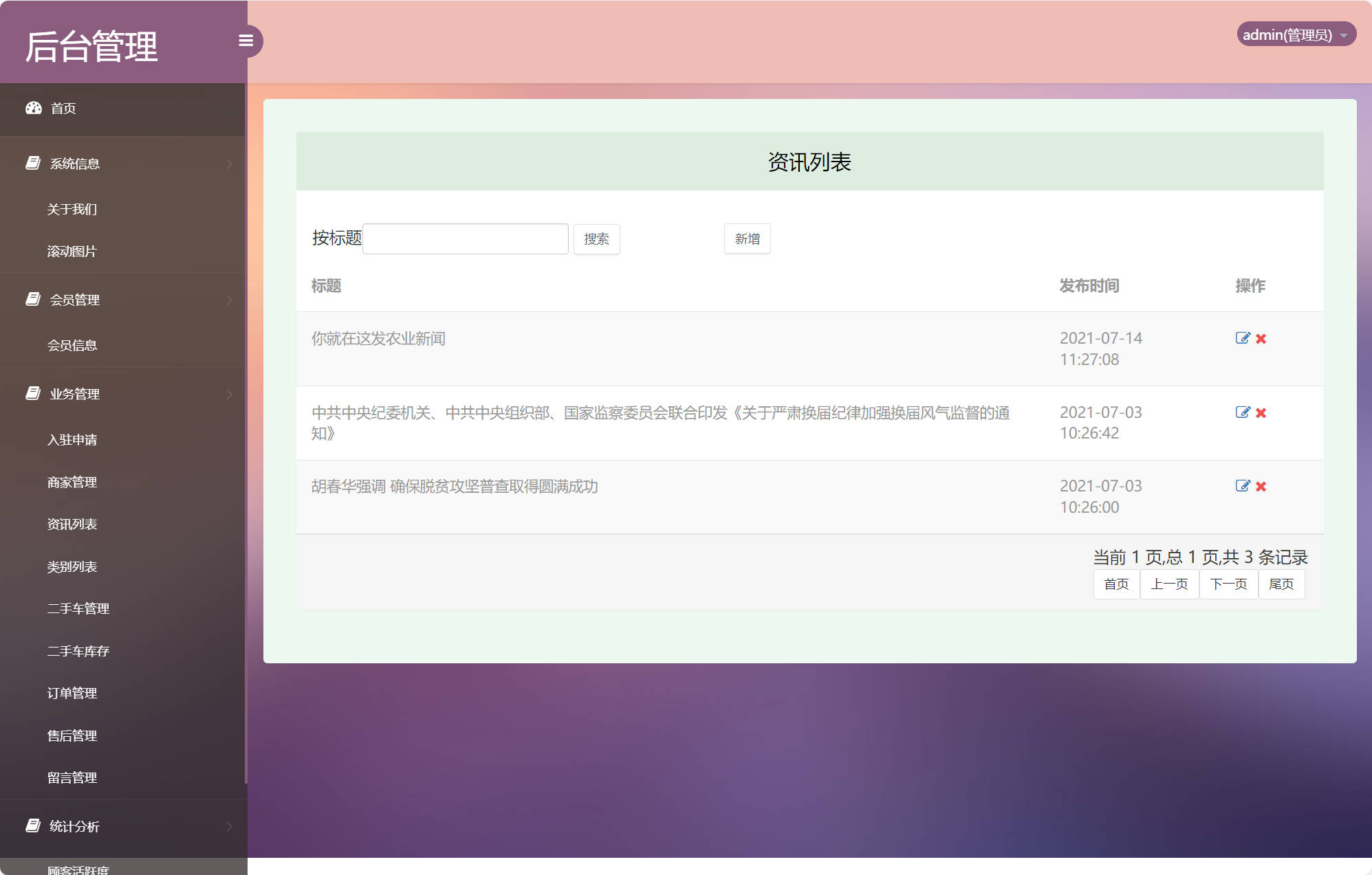 基于SSM的在线车辆销售交易平台 - 资讯列表管理.jpg界面截图