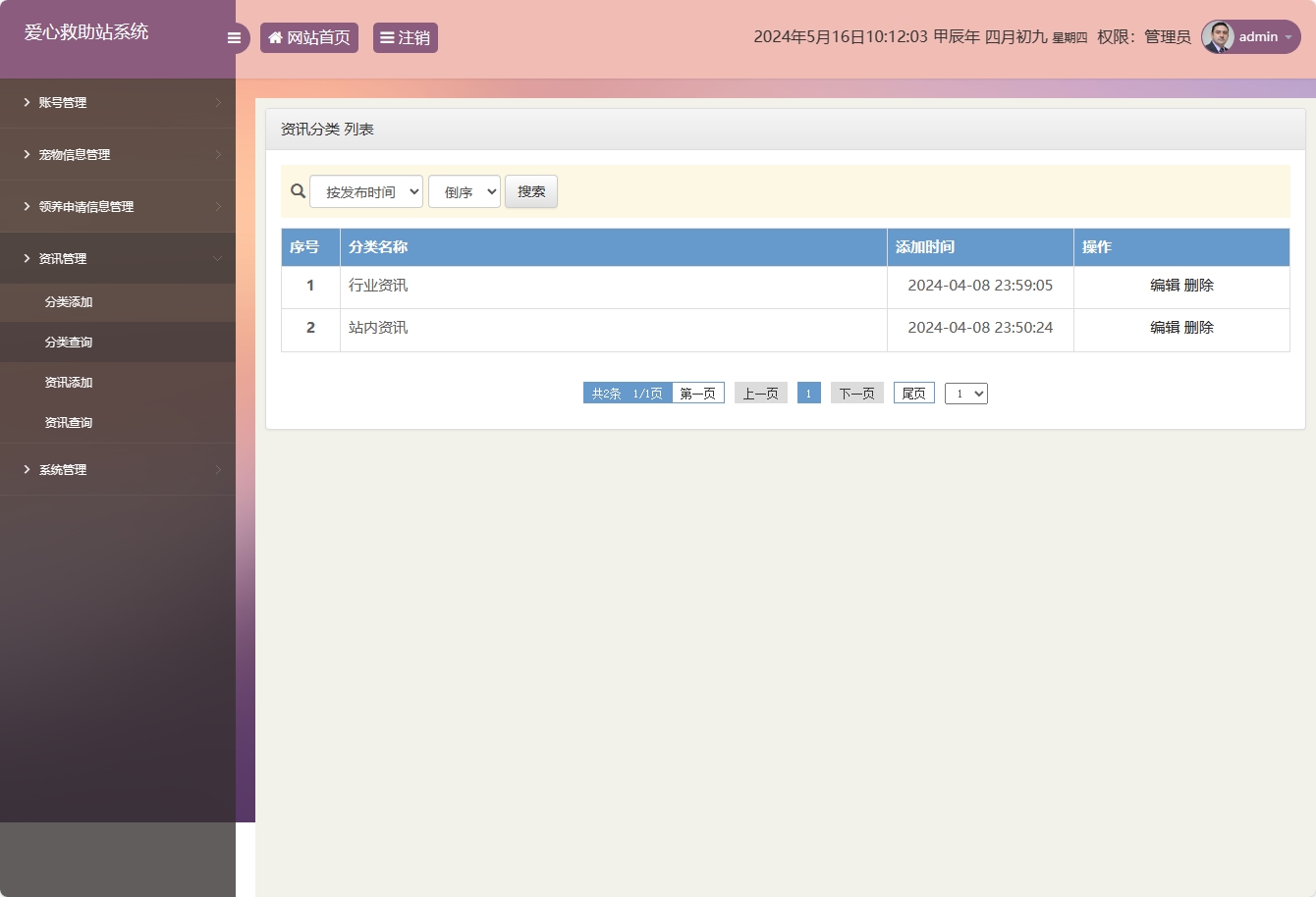基于SSM的宠物领养救助管理系统 - 资讯分类管理.png界面截图