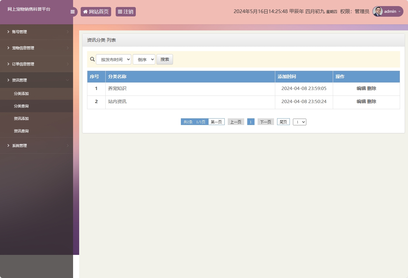 基于SSM框架的萌宠电商与科普平台 - 资讯分类管理.png界面截图