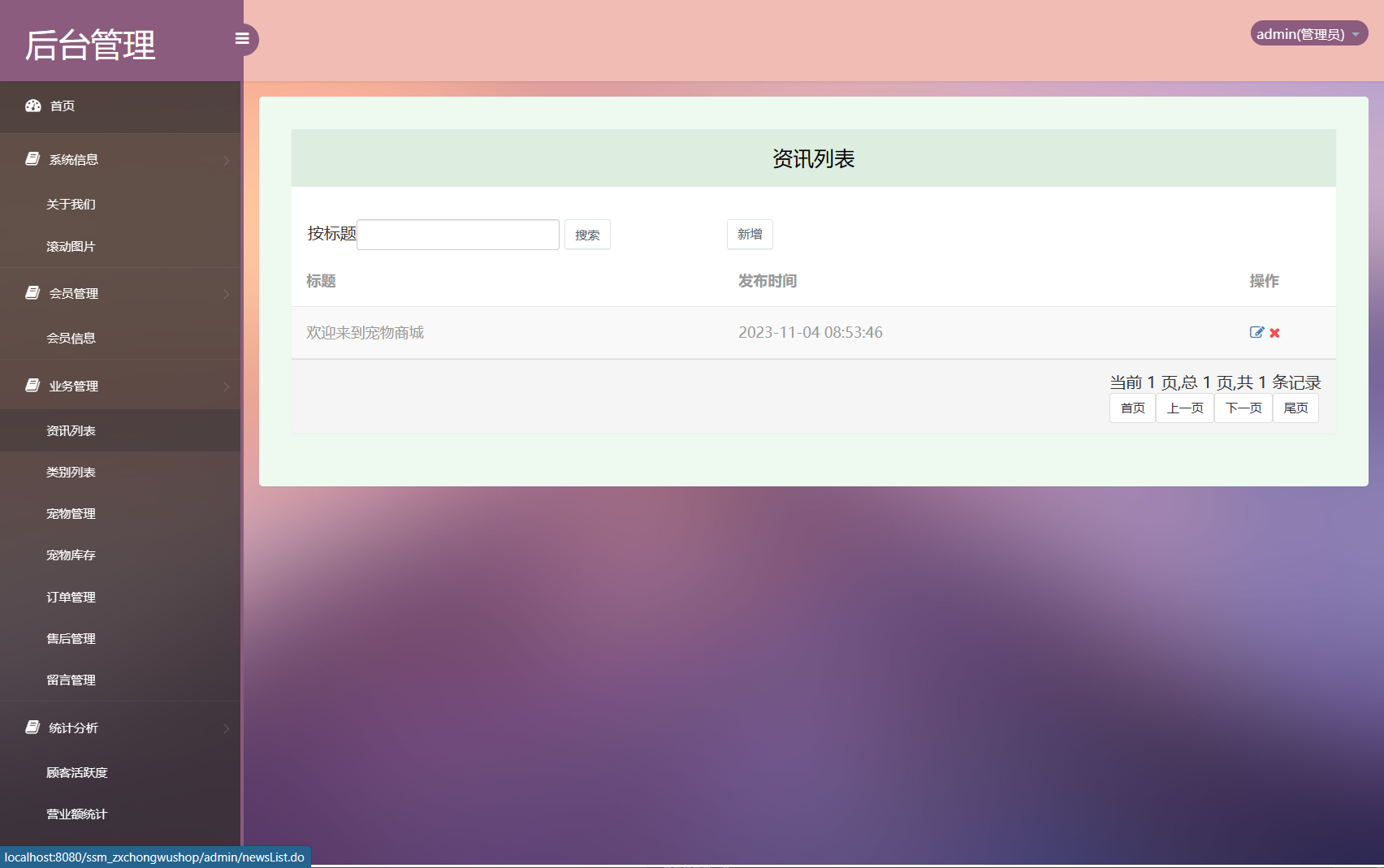 基于SSM框架的在线宠物商城交易系统 - 管理资讯.png界面截图