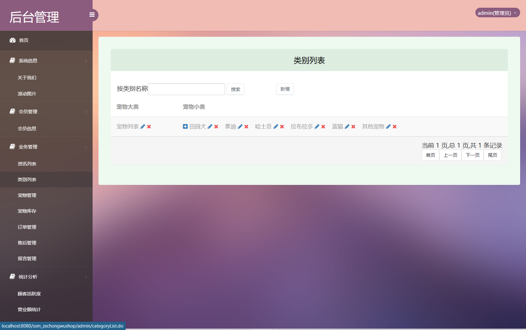 基于SSM框架的在线宠物商城交易系统 - 宠物类别管理.png界面截图