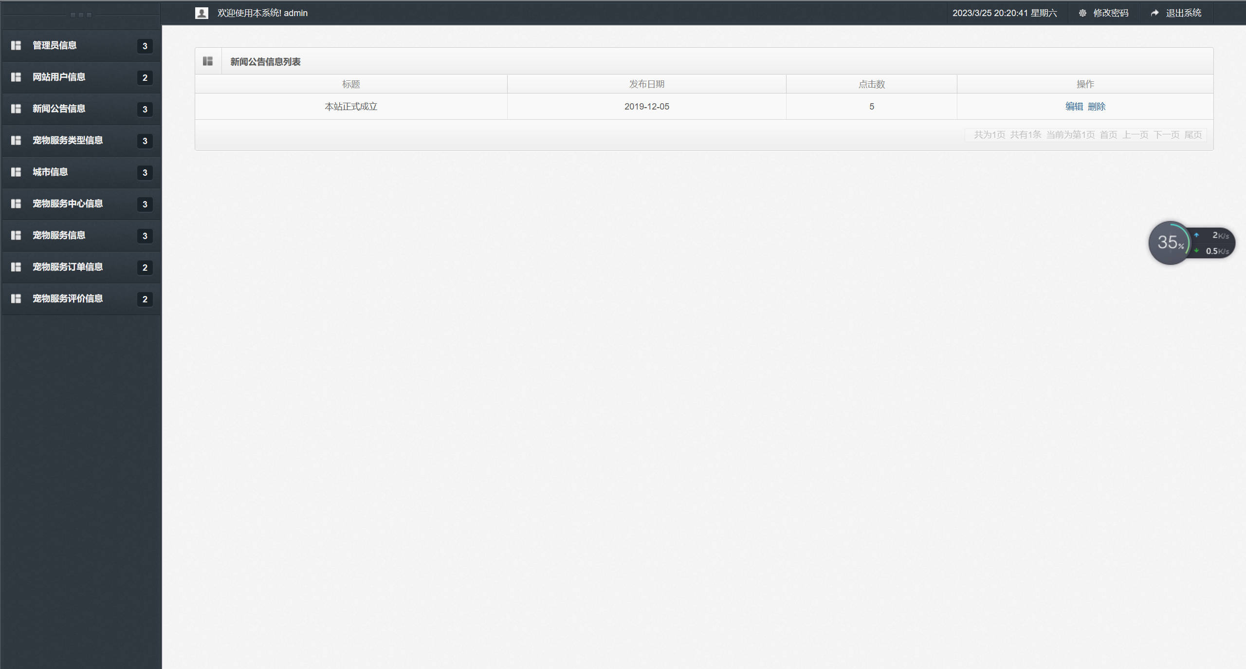 基于SSM框架的宠物医疗美容服务平台 - 新闻公告管理.jpg界面截图
