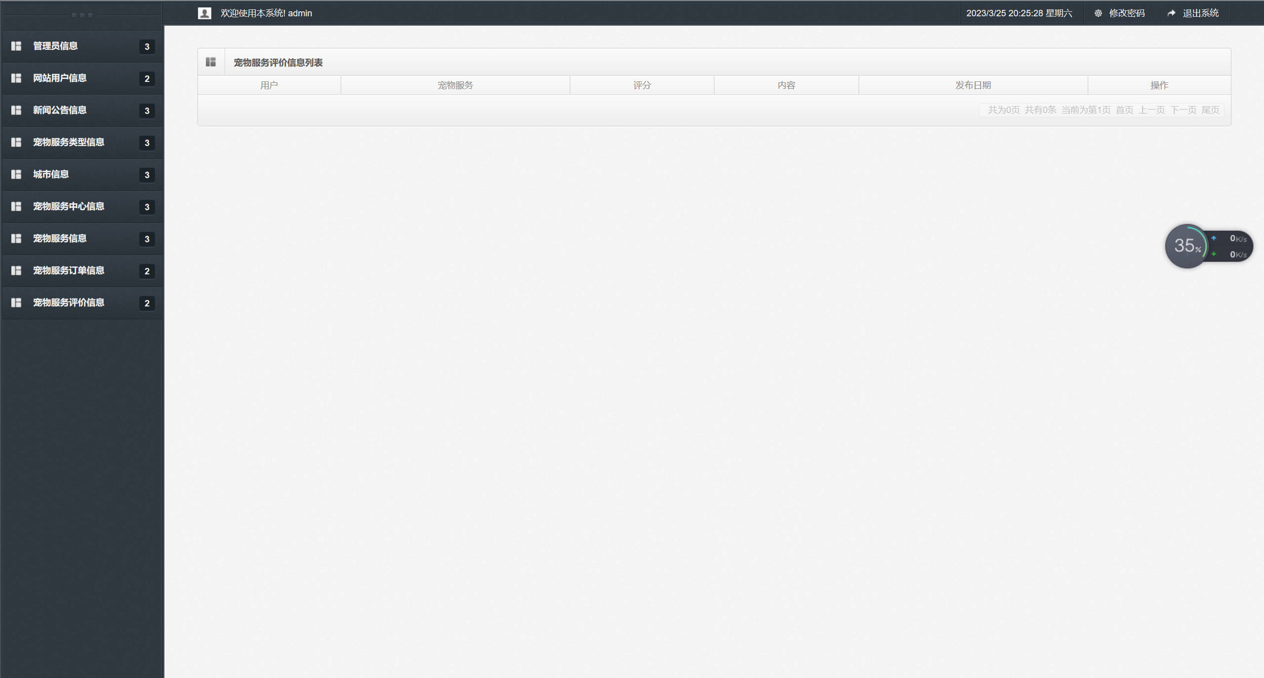 基于SSM框架的宠物医疗美容服务平台 - 宠物服务评价信息管理.jpg界面截图