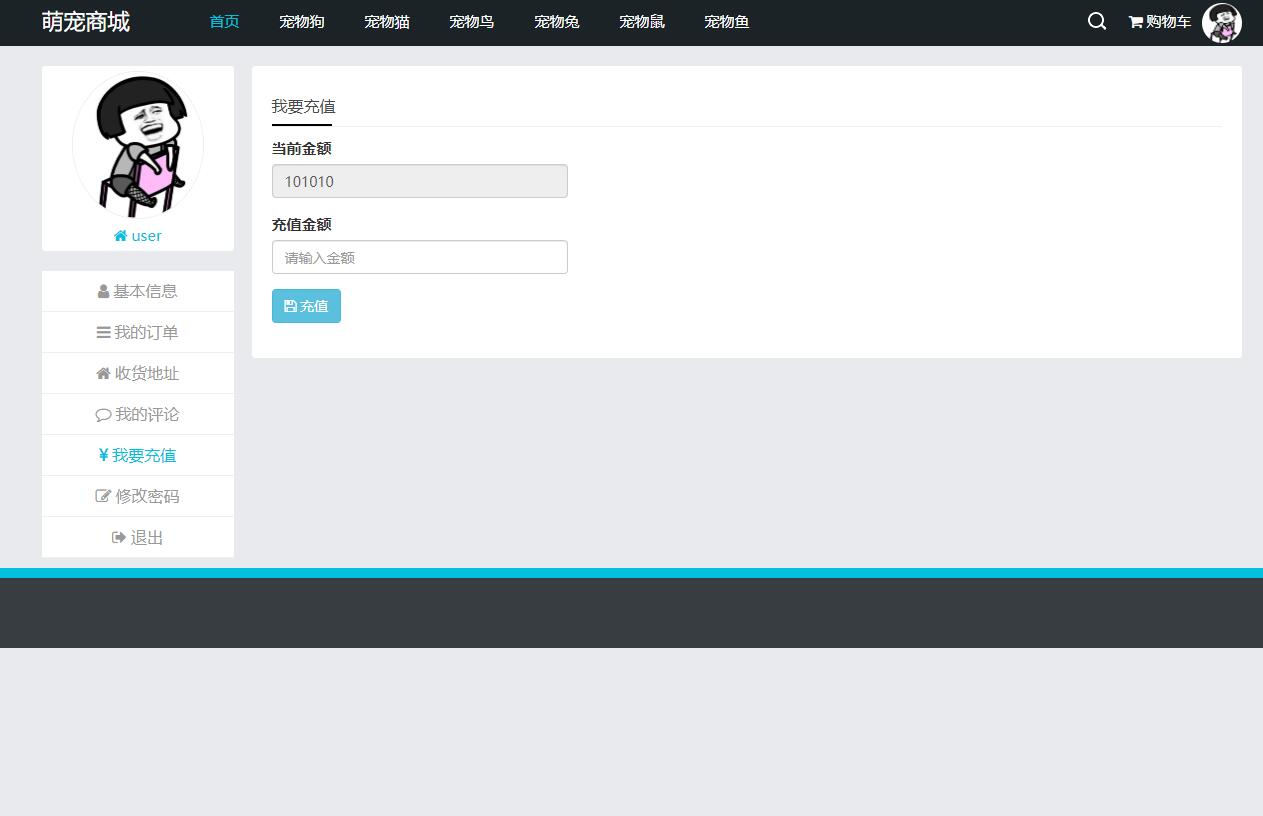 基于SSM框架的宠物在线销售平台 - 充值管理.jpg界面截图