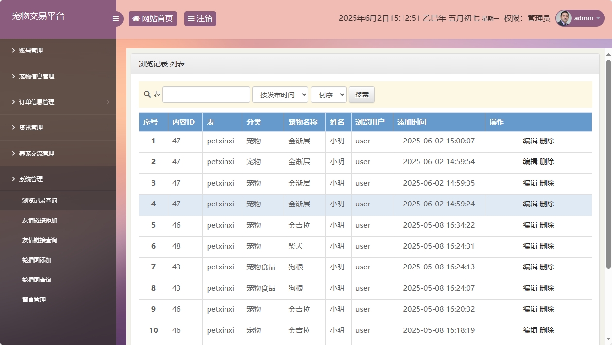 基于SSM框架的在线宠物交易平台 - 浏览记录管理.png界面截图