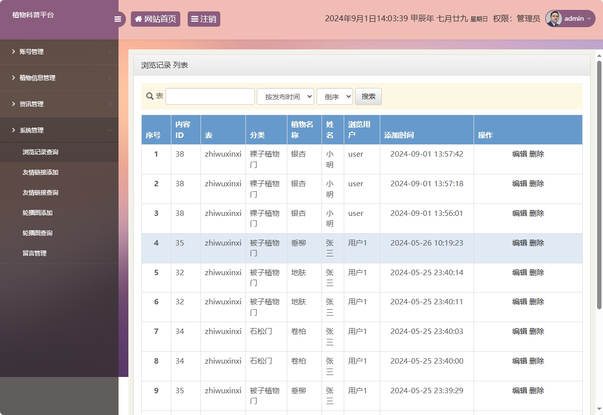 基于SSM框架的植物科普与推广平台 - 浏览记录管理.png界面截图
