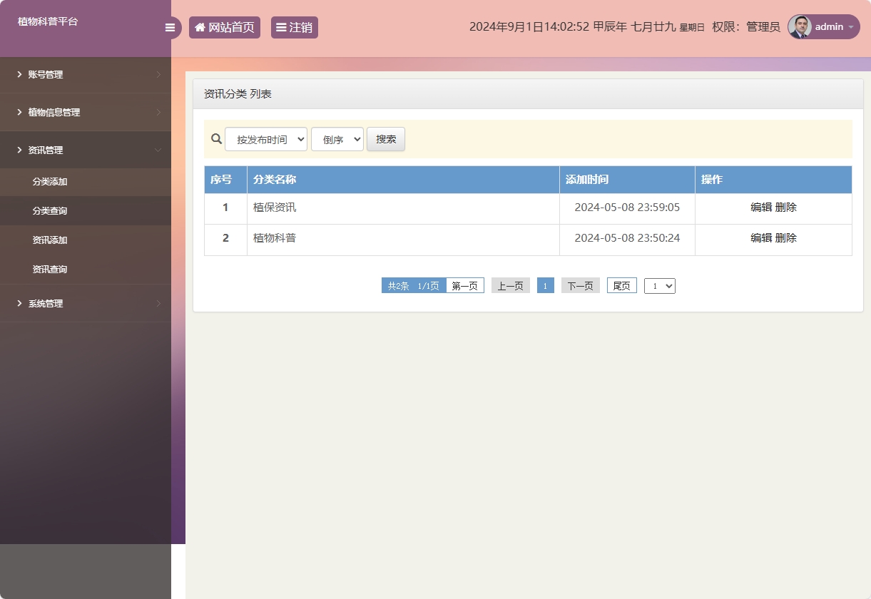 基于SSM框架的植物科普与推广平台 - 分类管理.png界面截图
