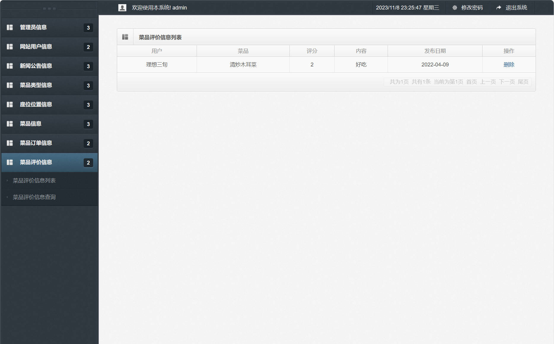 基于SSM框架的智能食堂在线点餐系统 - 评价信息管理&查询.jpg界面截图