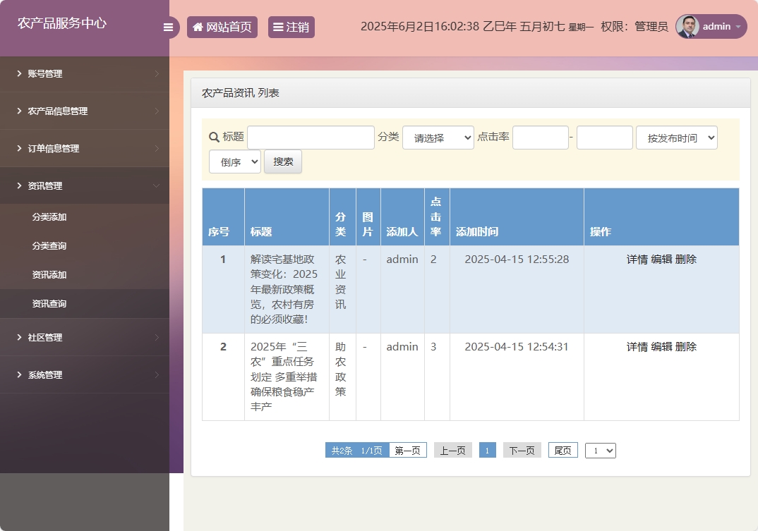 基于SSM与智能问答的农产品电商服务平台 - 资讯管理.png界面截图