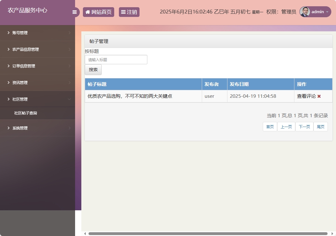 基于SSM与智能问答的农产品电商服务平台 - 帖子管理.png界面截图
