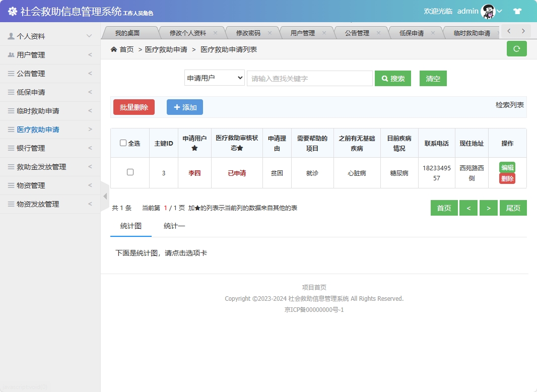 基于SSM框架的社会救助申请与审核平台 - 医疗救助申请管理.png界面截图