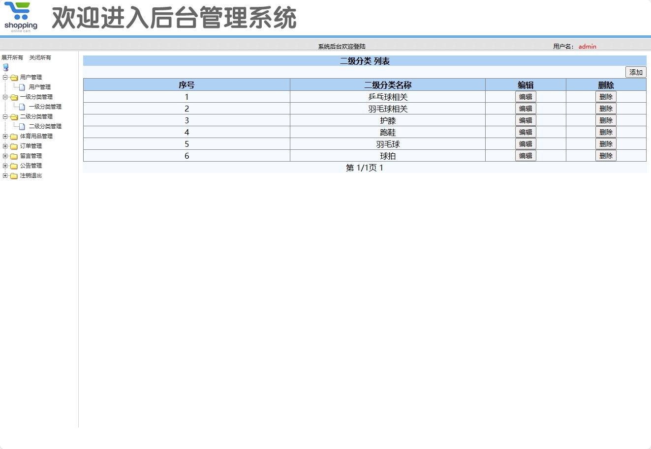 基于SSM框架的在线体育用品销售系统 - 二级分类管理.png界面截图