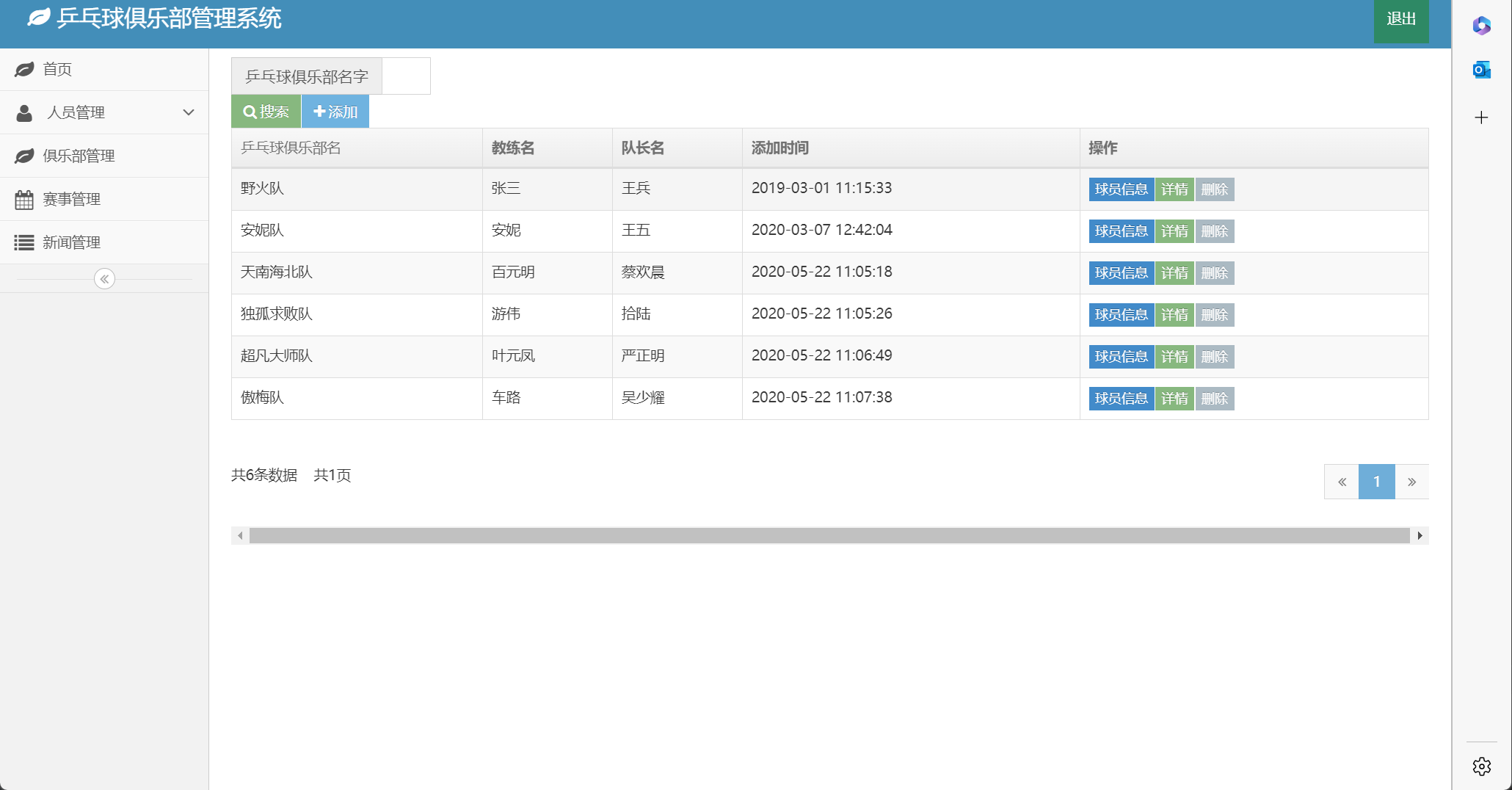 基于SSM框架的乒乓球俱乐部综合管理系统 - 俱乐部信息管理.png界面截图