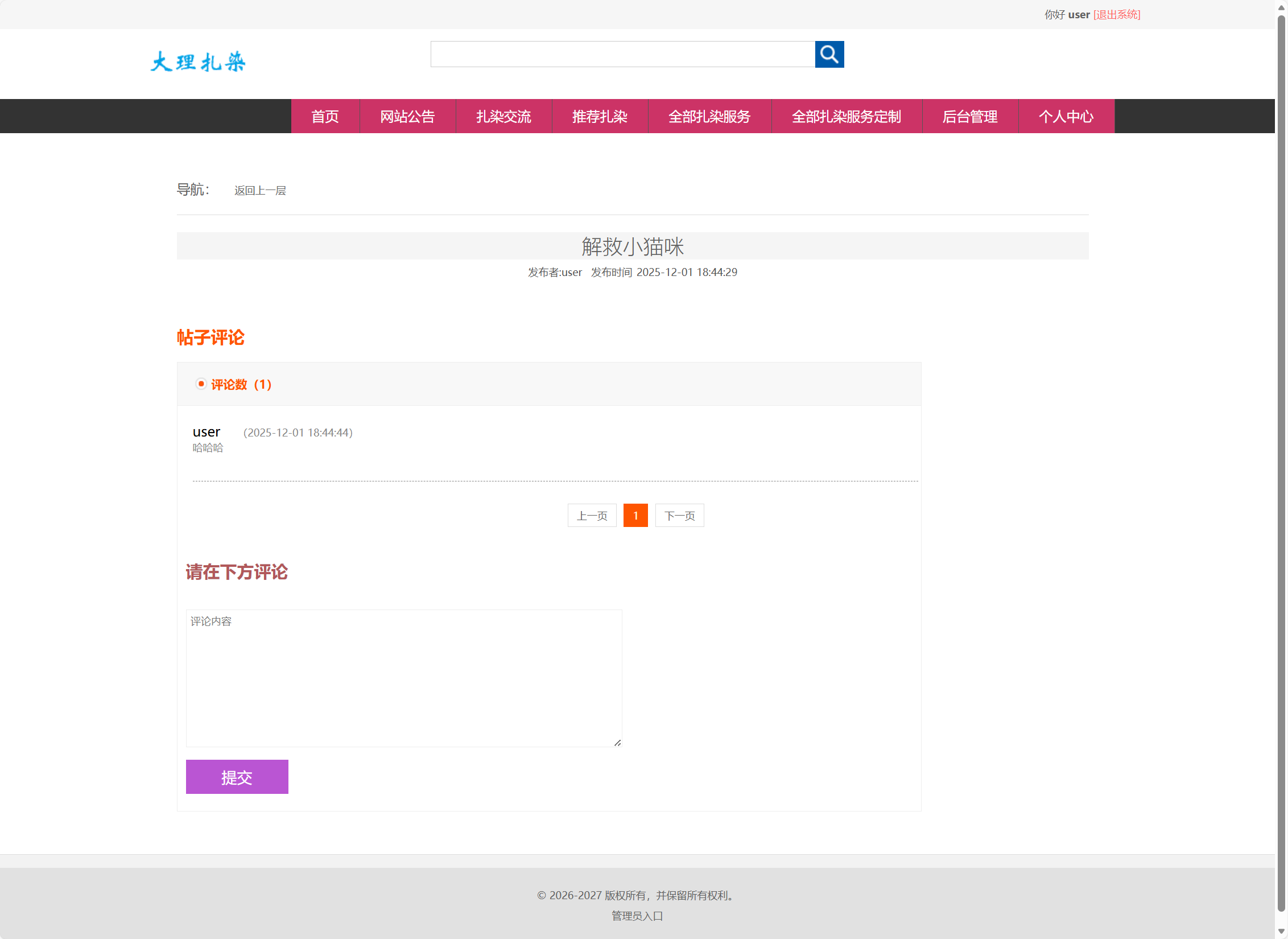 基于SSM框架的扎染文化宣传与定制服务平台 - 帖子详情.png界面截图