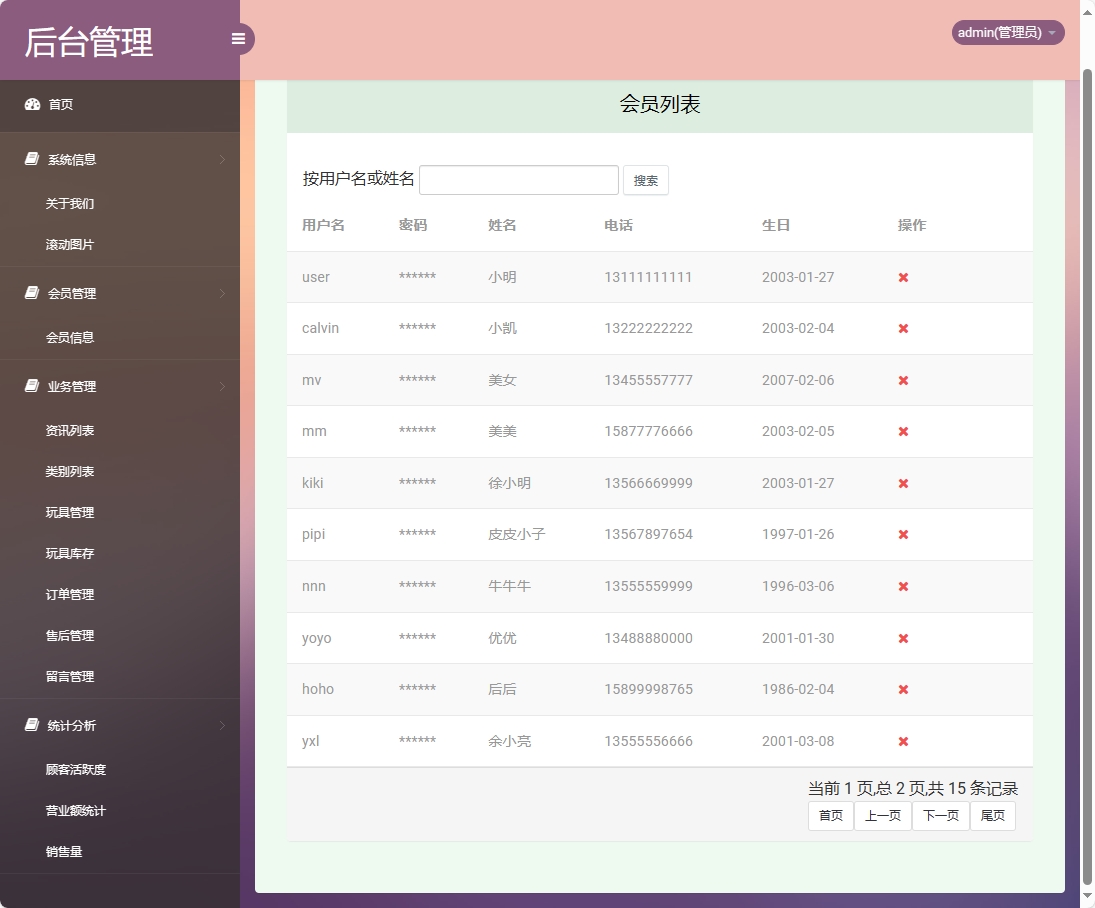 基于SSM框架的潮流玩具在线销售平台 - 会员信息管理.png界面截图